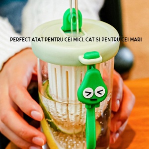 Pahar din silicon, cu capac si pai, pentru copii, Flippy, anti-cadere, compartiment pentru fructe/ceai/gheata, rezistent la temperaturi inalte, 500ml, Verde, 14.5x8.8x20 cm - Img 3