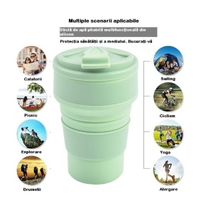 Pahar pliabil din silicon Flippy, pentru calatorii, camping, 350 ml, 8.2x6.3x9.1 cm, verde - Img 5