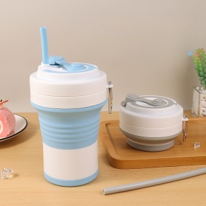 Pahar pliabil din silicon Flippy, pentru calatorii, camping, 750 ml, pai inclus, 11.6 x 19.3 cm, albastru - Img 3