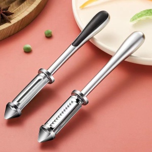 Peeler 2in1 pentru Legume si Fructe, Flippy, Multifunctional, cu 2 Lame de Curatati si Feliat, Varf Ascutit pentru Gaurit, 18 cm, din Otel Inoxidabil, Argintiu/Negru - Img 7