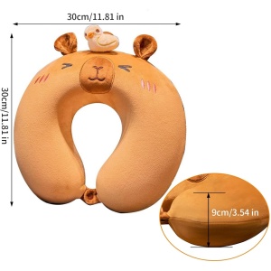 Perna de Calatorie in Forma de U, Flippy, Pentru Gat si Cap, Umplutura din Spuma cu Memorie, 30x30 cm, Model Capybara, Accesoriu de Voiaj, Birou, Masina, Sistem Prindere Capse, Maro - Img 4