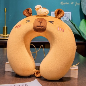 Perna de Calatorie in Forma de U, Flippy, Pentru Gat si Cap, Umplutura din Spuma cu Memorie, 30x30 cm, Model Capybara, Accesoriu de Voiaj, Birou, Masina, Sistem Prindere Capse, Maro - Img 6