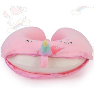 Perna de Calatorie in Forma de U, Flippy, Pentru Gat si Cap, Umplutura din Spuma cu Memorie, 30x30 cm, Model Unicorn, Accesoriu de Voiaj, Birou, Masina, Sistem Prindere Capse, Roz - Img 3