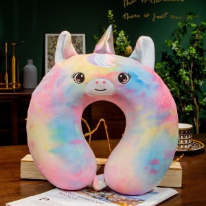 Perna de Calatorie in Forma de U, Flippy, Pentru Gat si Cap, Umplutura din Spuma cu Memorie, 30x30 cm, Model Unicorn, Accesoriu de Voiaj, Birou, Masina, Sistem Prindere Capse, Multicolor - Img 2