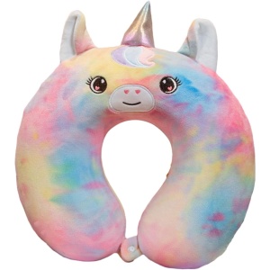 Perna de Calatorie in Forma de U, Flippy, Pentru Gat si Cap, Umplutura din Spuma cu Memorie, 30x30 cm, Model Unicorn, Accesoriu de Voiaj, Birou, Masina, Sistem Prindere Capse, Multicolor