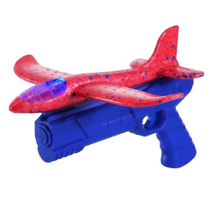 Pistol cu Lansator de Avion, Flippy, din Polistiren+Plastic, +3 Ani, Avion 24 cm, Lansare 10 m, cu Lumini, Albastru/Rosu - Img 1