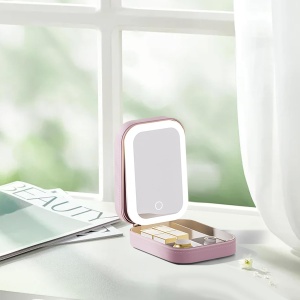 Portfard, Flippy, Geanta Cosmetice, cu Oglinda LED, 3 Moduri de Lumina, Incarcare USB, Baterie 1200 mAh, pentru Organizarea Cosmeticelor, 4 Compartimente, Imitatie Piele, Roz, 16.5x11.5x6 cm - Img 5