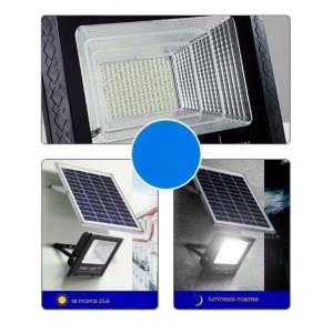 Proiector LED/Lampa solara de exterior Flippy, 15 cm x 12 cm, Rezistent la Apa IP67, cu Panou Solar, 100 LED SMD, 30W, Senzor de lumina, Timer, cu Telecomanda, 2 moduri de iluminat, kit montaj inclus, Lumina Rece - Img 6