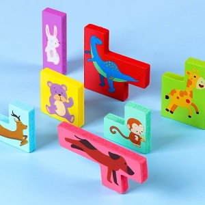 Puzzle din Lemn Flippy, Tip Tetris, +4 Ani, cu Animale Colorate 3D, 7 Piese, Multicolor - Img 2