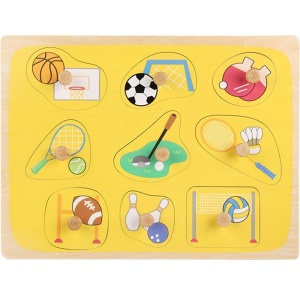 Puzzle Montessori din Lemn pentru Copii, Flippy, 0-3 Ani, 3D, Model Sporturi, Educativ, Intuitiv, Creativ, 9 Piese, 30x22.5x0.8 cm, Multicolor - Img 1