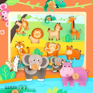 Puzzle Montessori din Lemn pentru Copii, Flippy, 0-3 Ani, Model Animale din Jungla, Educativ, Intuitiv, Creativ, 9 Piese, 30x22.5x0.8 cm, Multicolor - Img 6