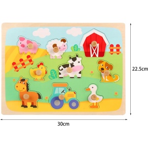 Puzzle Montessori din Lemn pentru Copii, Flippy, 3D, 0-3 Ani, Model Ferma, Educativ, Intuitiv, Creativ, 9 Piese, 30x22.5x0.8 cm, Multicolor - Img 3