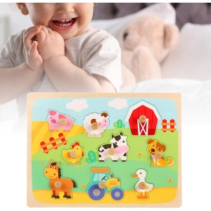 Puzzle Montessori din Lemn pentru Copii, Flippy, 3D, 0-3 Ani, Model Ferma, Educativ, Intuitiv, Creativ, 9 Piese, 30x22.5x0.8 cm, Multicolor - Img 5