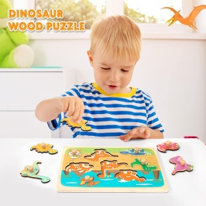 Puzzle Montessori din Lemn pentru Copii, Flippy, 3D, 0-3 Ani, Model Dinozauri, Educativ, Intuitiv, Creativ, 8 Piese, 30x22.5x0.8 cm, Multicolor - Img 3