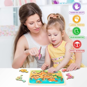 Puzzle Montessori din Lemn pentru Copii, Flippy, 3D, 0-3 Ani, Model Dinozauri, Educativ, Intuitiv, Creativ, 8 Piese, 30x22.5x0.8 cm, Multicolor - Img 7