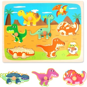 Puzzle Montessori din Lemn pentru Copii, Flippy, 3D, 0-3 Ani, Model Dinozauri, Educativ, Intuitiv, Creativ, 8 Piese, 30x22.5x0.8 cm, Multicolor - Img 1