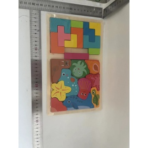Puzzle Montessori din Lemn pentru Copii, Flippy, Tip Tetris 2in1 +3 Ani, cu Animale Marine Colorate 3D, Educativ, Intuitiv, Creativ, 21 de Piese, 28.5x17x1.2 cm, Multicolor - Img 2