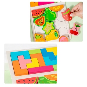 Puzzle Montessori din Lemn pentru Copii, Flippy, Tip Tetris 2in1 +3 Ani, cu Fructe Colorate 3D, Educativ, Intuitiv, Creativ, 21 de Piese, 28.5x17x1.2 cm, Multicolor - Img 9
