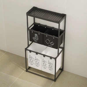 Raft/Cos Depozitare Haine Murdare, Flippy, pentru Baie, cu 3 Etaje, 4 Cosuri, Cadru de Otel Inoxidabil, 123 x 44 x 57 cm, Negru - Img 6