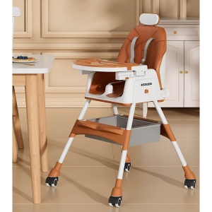 Scaun de Masa pentru Bebelusi si Copii Flippy, cu Roti, cu Tetiera, Telescopic, Pliabil, Masuta Reglabila, Suport Picioare, Scaun cu Invelis Piele Artificiala, Centura Siguranta, Spatiu Depozitare, 97 x 73 x 65 cm, Maro - Img 2