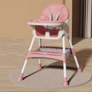 Scaun de masa pentru bebelusi si copii Flippy, cu roti, telescopic, pliabil, masuta reglabila, suport picioare, scaun invelis piele artificiala, centura siguranta, spatiu depozitare, 97 x 73 x 65 cm, roz - Img 3