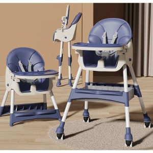 Scaun de Masa pentru Bebelusi si Copii, Flippy, cu Roti, Telescopic, Pliabil, Masuta Reglabila, Suport Picioare, Scaun cu Invelis Piele Artificiala, Centura Siguranta, Spatiu Depozitare, 97x73x65 cm, Albastru - Img 2