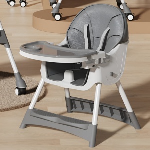 Scaun de Masa pentru Bebelusi si Copii, Flippy, cu Roti, Telescopic, Pliabil, Masuta Reglabila, Suport Picioare, Scaun cu Invelis Piele Artificiala, Centura Siguranta, Spatiu Depozitare, 97x73x65 cm, Gri - Img 4