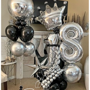 Set 10 Baloane din Latex Chrome, Flippy, Model Party, 23 cm, Negru Argintiu, 2.2 g - Img 6