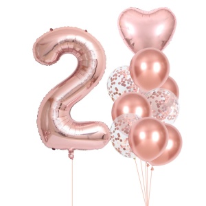 Set 10 Baloane Folie si Latex, Flippy, Tematica Aniversare, Baloane Latex 25cm, Figurina Inimioara 45 cm, Cifra 2 de 81 cm, Ambalaj Individual, Pai Inclus, Umflare cu Aer sau Heliu, Roz Pal