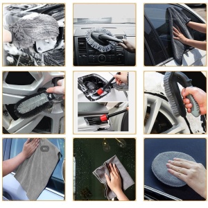Set 10 Piese pentru Spalat Auto, Flippy, din Plastic si Microfibra, Perii si Lavete, Model C, Gri - Img 3