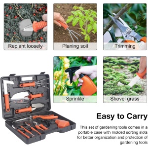 Set 10 Unelte de Gradina, Flippy, pentru Plantare Prelucrare Sol si Ingrijire Plante, Manere Portocalii, Material PVC si Otel Inoxidabil, Cutie Inclusa, 37x28x7 cm, Negru - Img 3