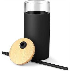 Set 2 Pahare din Sticla Termoizolante Transparente, Flippy, Capace si Paie Incluse, 500 mL, Silicon Negru si Crem - Img 4