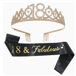 Set 2 Piese pentru Majorat, Flippy, 15 x 13 x 5 cm, Coronita Printesa Gold si Panglica 18&amp;Fabulous, Negru - Img 10