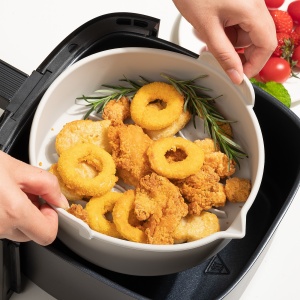 Set 2 tavi din silicon ecologic pentru air fryer Flippy, temperatura maxima 230 grade, reutilizabile, reciclabile, cu manere anti-alunecare, fund antiaderent, 18.7 x 19.5 x 7 cm, gri - Img 7