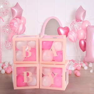 Set 4 Cutii pentru Baloane, Flippy, Model Scris Baby, Tematica Iubire, Cuburi Decorative din Plastic, Accesorii pentru Petrecere, 30 x30 cm, Transparente Contur Roz - Img 2