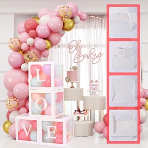 Set 4 Cutii pentru Baloane, Flippy, Model Scris Love, Tematica Iubire, Cuburi Decorative din Plastic, Accesorii pentru Petrecere, 30 x30 cm, Transparente Contur Alb - Img 5
