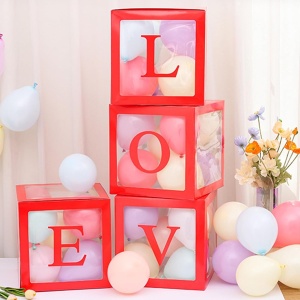 Set 4 Cutii pentru Baloane, Flippy, Model Scris Love, Tematica Iubire, Cuburi Decorative din Plastic, Accesorii pentru Petrecere, 30x30 cm, Transparente Contur Rosu - Img 5
