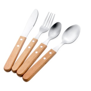 Set 4 tacamuri pentru masa Flippy, otel 304, lingura, lingurita desert, cutit, furculita, maner din lemn de fag, 20 x 4 x 2 cm, gri - Img 1