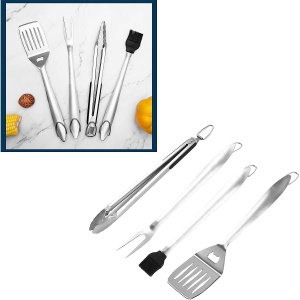 Set 4 ustensile pentru gratar Flippy, din otel inoxidabil, cu agatatoare, rezistente la temperaturi ridicate, argintiu - Img 5