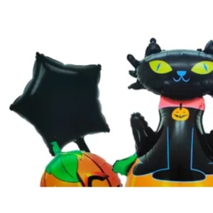 Set 5 Baloane din Folie Metalizata, Flippy, Figurine, Tema Halloween, Pai Inclus, Ambalaj Individual, Umflare cu Aer sau Heliu, Figurina Dovleac si Pisica 90x60 cm, Stelute si Cerculete 45 cm, Portocaliu-Negru - Img 5