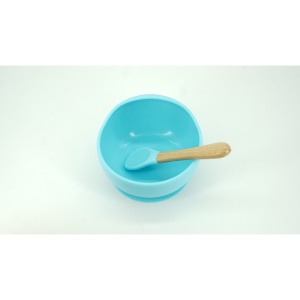 Set 8 piese diversificare bebelusi si copii din silicon Flippy, baveta, farfurie compartimentata cu ventuza, bol cu ventuza, tacamuri din lemn si silicon, cana pentru gustari, fara alergeni, albastru - Img 2