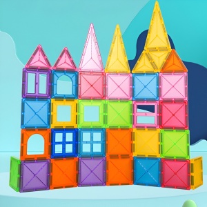Set 88 Piese Magnetice de Constructie, Flippy, Piese 5.5 cm, Magnetic Tiles, Forme Geometrice, 3 Ani, ABS, Magnet, 27.5 x 21.5 x 17 cm, Multicolor - Img 6