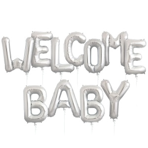 Set Baloane din Folie Metalizata, Flippy, Figurine Litere, Model Welcome Baby, Tema Aniversare, 40 cm, Ambalaj Individual, Pai inclus, Umflare cu Aer sau Heliu, Argintiu - Img 5