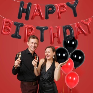 Set Baloane din Folie Metalizata, Flippy, Model Happy Birthday, Litere de 40 cm, Baloane Party, Ambalaj Individual, Pai, Ata si Adeziv Incluse, Umflare cu Aer sau Heliu, Rosu-Negru - Img 3