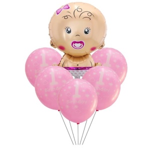 Set baloane pentru fetite, Flippy, FIRST ANYVERSARY, 5 latex 1 Birthday, 1 balon folie din aluminu baby girl, 71 cm, Roz