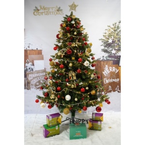 Set brad artificial de Craciun si elemente decorative, decorat cu conuri pin rosii, inaltime 210 cm, diametru 137 cm, 1172 ramuri, Flippy, verde, suport metalic inclus - Img 2