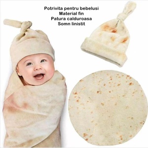 Set patura flanel si caciula Flippy, forma lipie, pentru nou-nascuti, material poliester, 85 cm, crem - Img 6