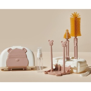 Set Portabil cu Suport de Spalare/ Uscare Biberoane, Flippy, Perii de Silicon pentru Curatarea Tetinelor, Suzetelor, Paharelor si Biberoanelor, Cutie Multifunctionala, Model Ursulet, Maro - Img 1