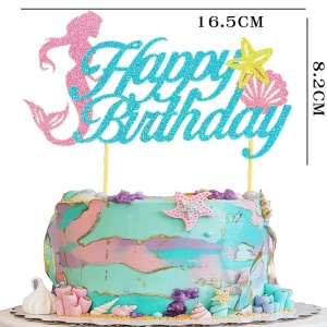 Set Toppere pentru Tort si Prajituri, Flippy, Tematica Sirena, Model Mare Scris Happy Birthday 16.5x8.2 cm, 6 Toppere Mici Model Marin 5x5 cm, Multicolor - Img 3
