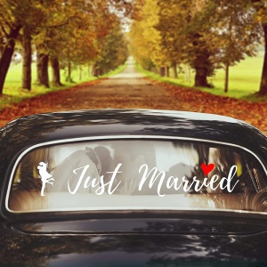 Sticker Autocolant, Flippy, Tematica Nunta, Model Indragostiti, cu Scris Just Married, 50x11.5 cm, Alb - Img 4